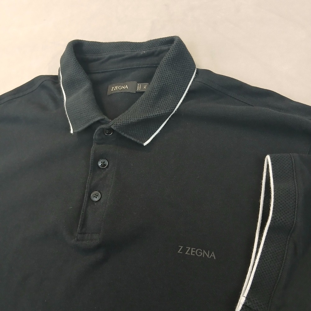 Z Zegna‎ XL Mens Polo Shirt Knit Modern Logo Black 21x27 **Fits A Small **